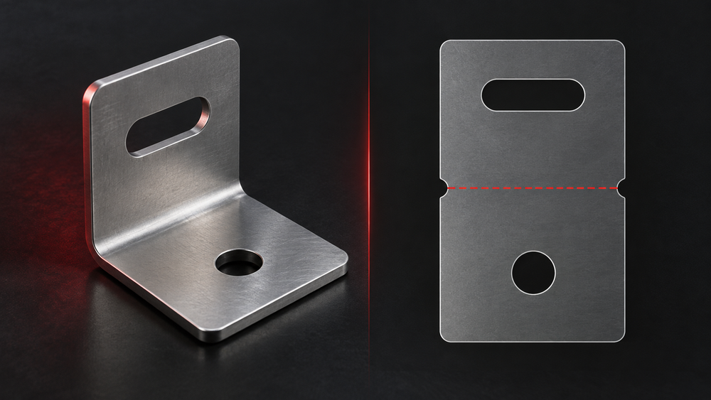 A bent 3D metal bracket beside the flat cutting pattern for the same part, showing matching slot and hole locations