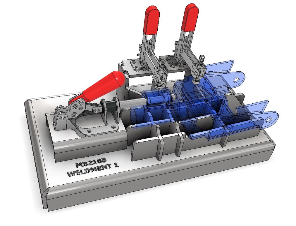 3D CAD model of a custom assembly and weld fixture with locating clamps